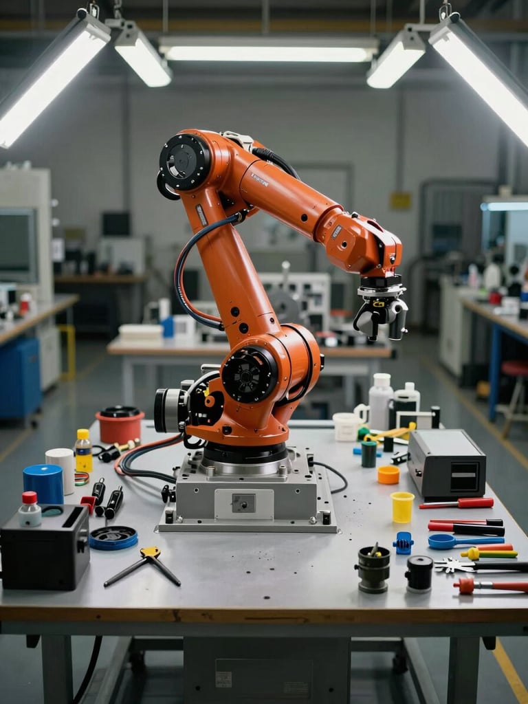 Wide overhead shot of a robot assembly station, full robot chassis centered on a folding workbench, tools and spare components arranged around it, workshop fluorescent lighting, wiring harness partially routed, no people visible—just the machine and the process