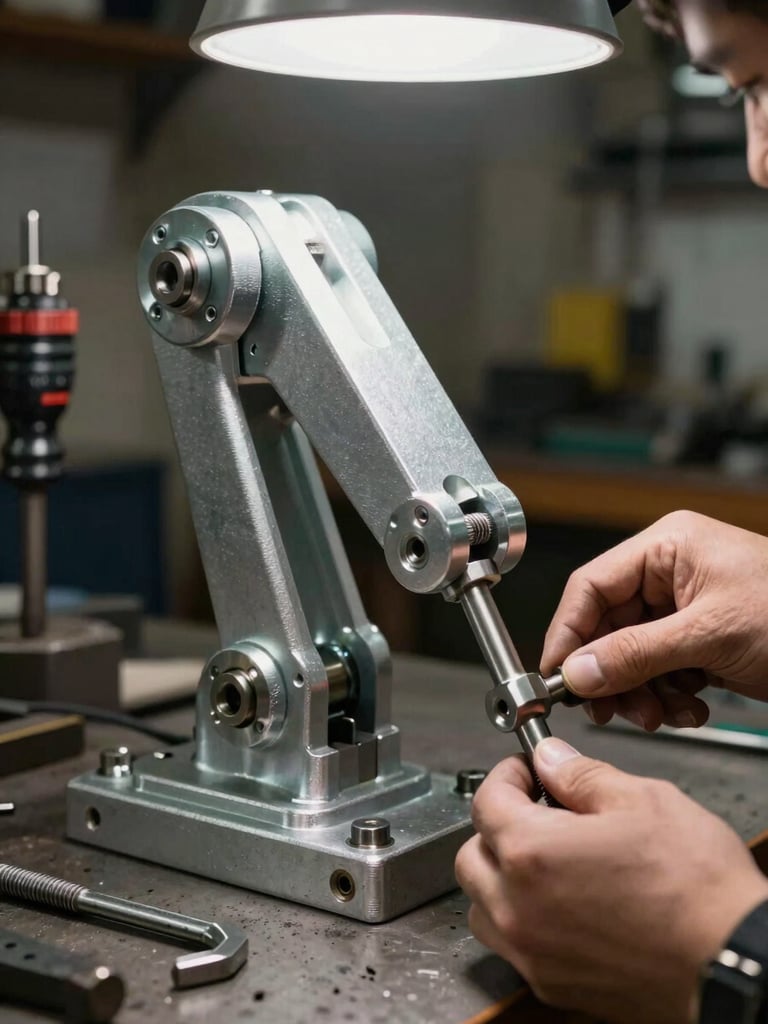 Close-up of a four-bar linkage arm mechanism mid-assembly, aluminum pivot blocks and steel shoulder bolts visible, hands positioning a connecting rod under workshop overhead light, drill and hex keys resting nearby on the bench