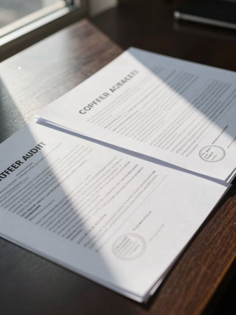 Overhead close-up of compliance audit documents spread across a dark boardroom table, certification marks and dense regulatory text visible, hard natural window light from the left, no hands or people, high contrast