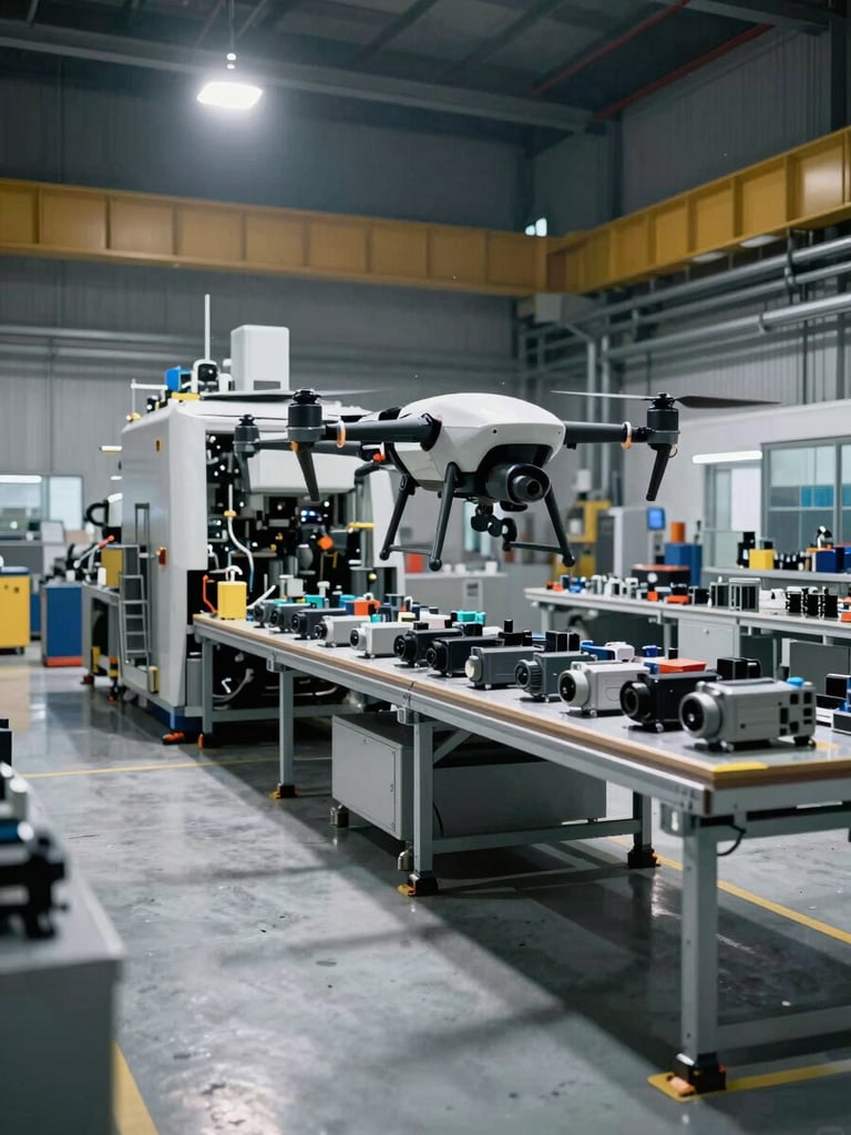 Wide environmental shot of an industrial drone assembly floor, heavy machinery and component racks in mid-ground, hard overhead studio lighting casting sharp shadows on metal surfaces, no people, cool industrial palette
