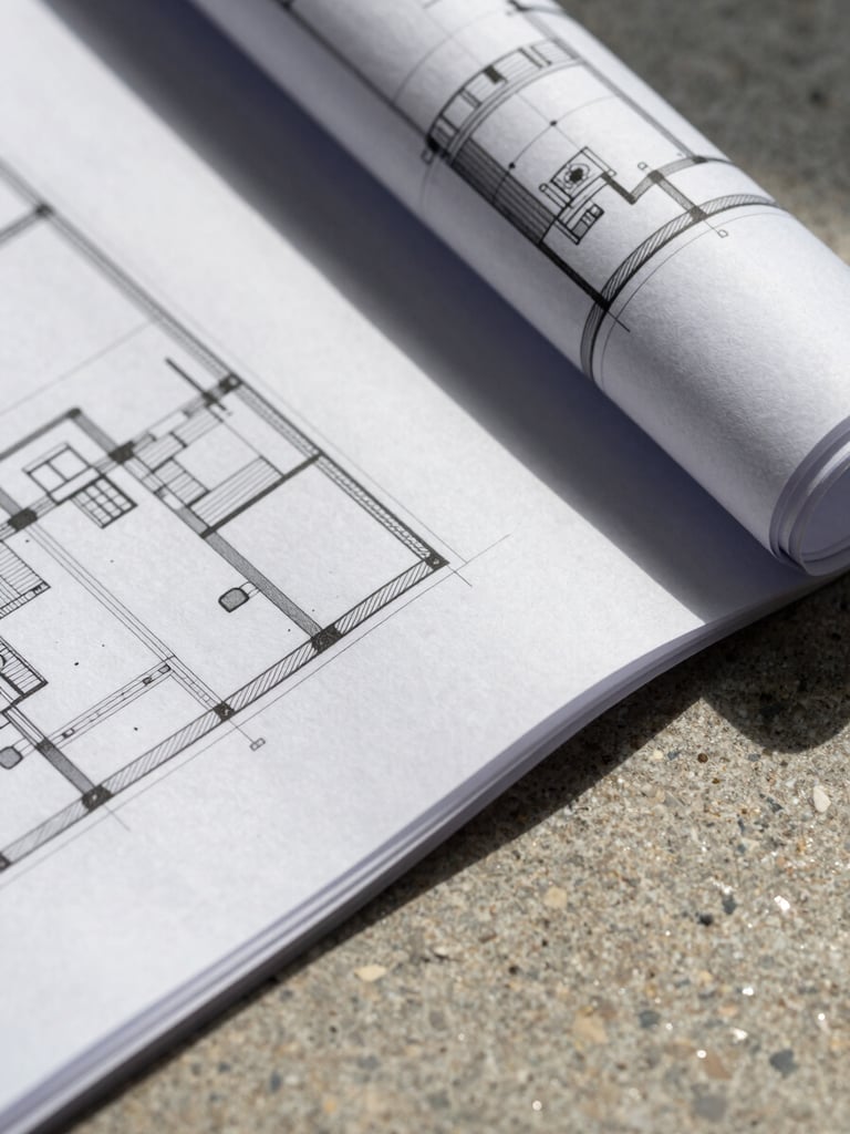 Close-up macro shot of architectural blueprints, sharp technical lines, raw stone table surface, hard directional side light.