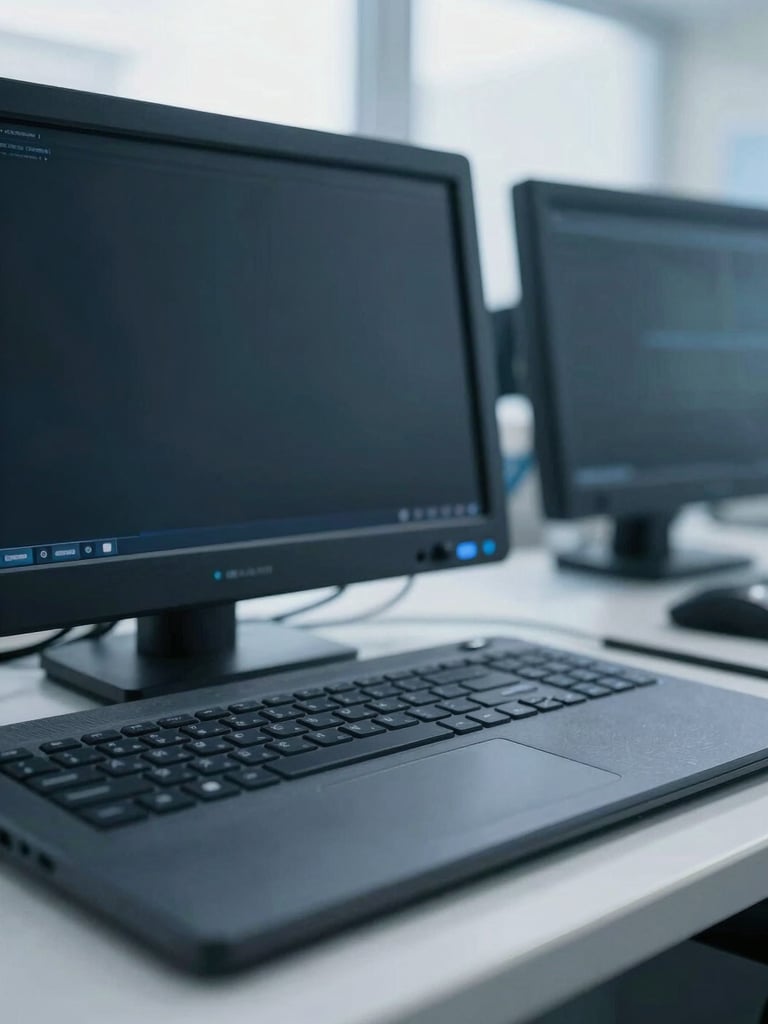 Crisp macro photograph of clean modern hospital command center, cool natural daylight mixed with subtle screen glow, slate and navy tones, sharp focus, 35mm