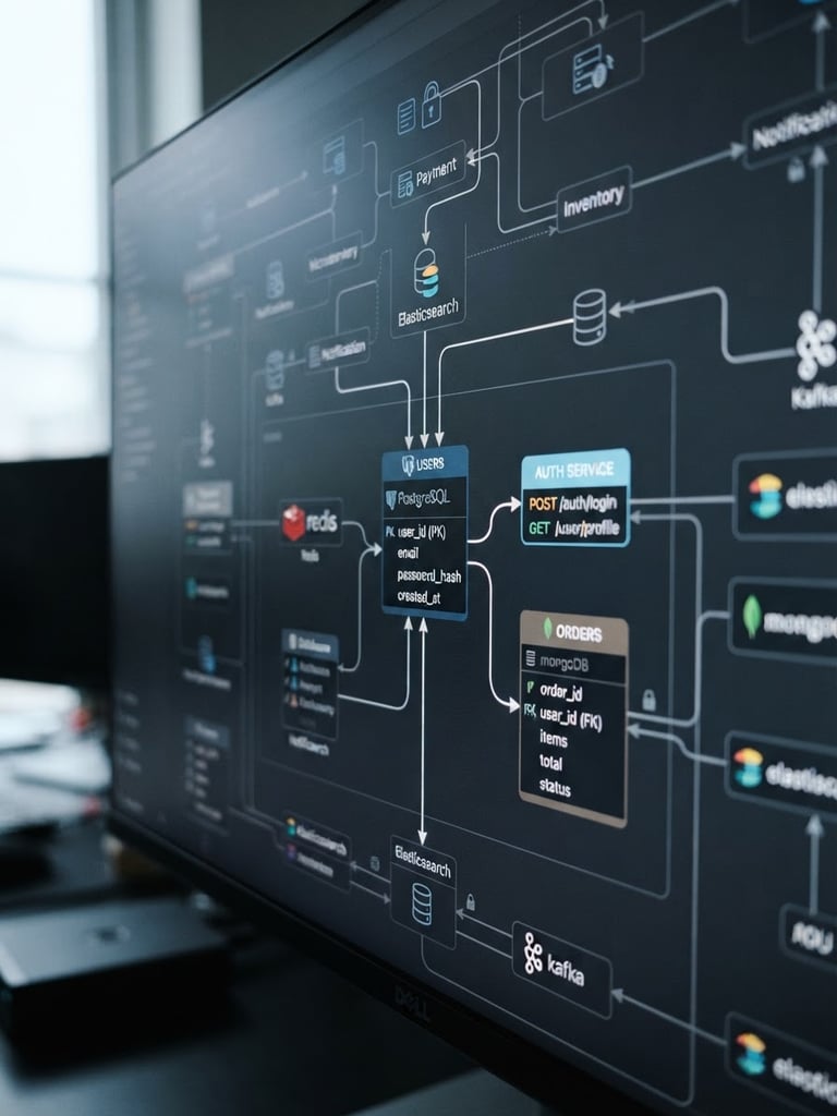 Macro close-up of a complex technical system architecture diagram displayed on a high-resolution monitor, cool natural daylight mixing with subtle screen glow, sharp focus on database schemas and API endpoints, slate and navy tones, 35mm photography.