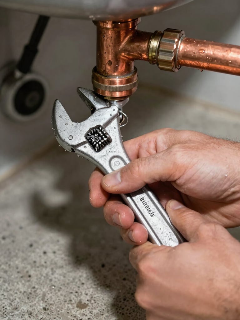 Extreme close-up of a plumber's hands gripping a large pipe wrench on a corroded copper joint under a kitchen sink, tungsten work-light from below casting sharp shadows on the tools, water droplets visible on the pipe surface, concrete floor in background
