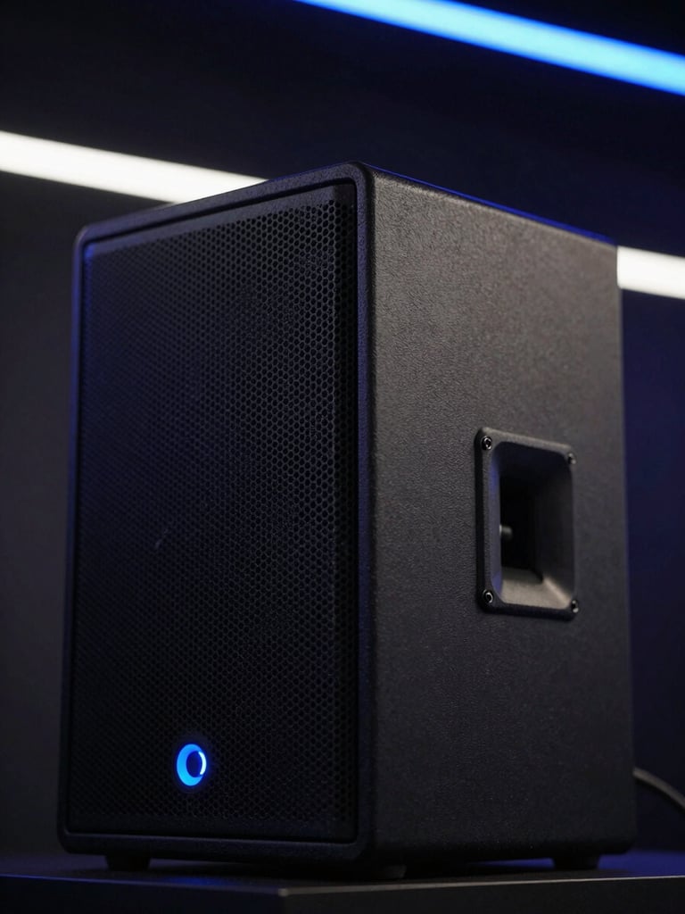 Sleek matte-black professional speaker cabinet closeup, glowing blue LED indicator, dark background with dramatic neon accents, shallow depth of field