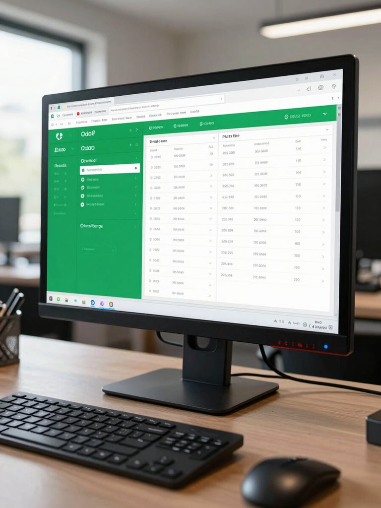 Wide medium shot of a monitor displaying an Odoo ERP dashboard with green data modules and structured list views, sharp office daylight from the left, keyboard and trackpad visible in the foreground, neutral desk surface