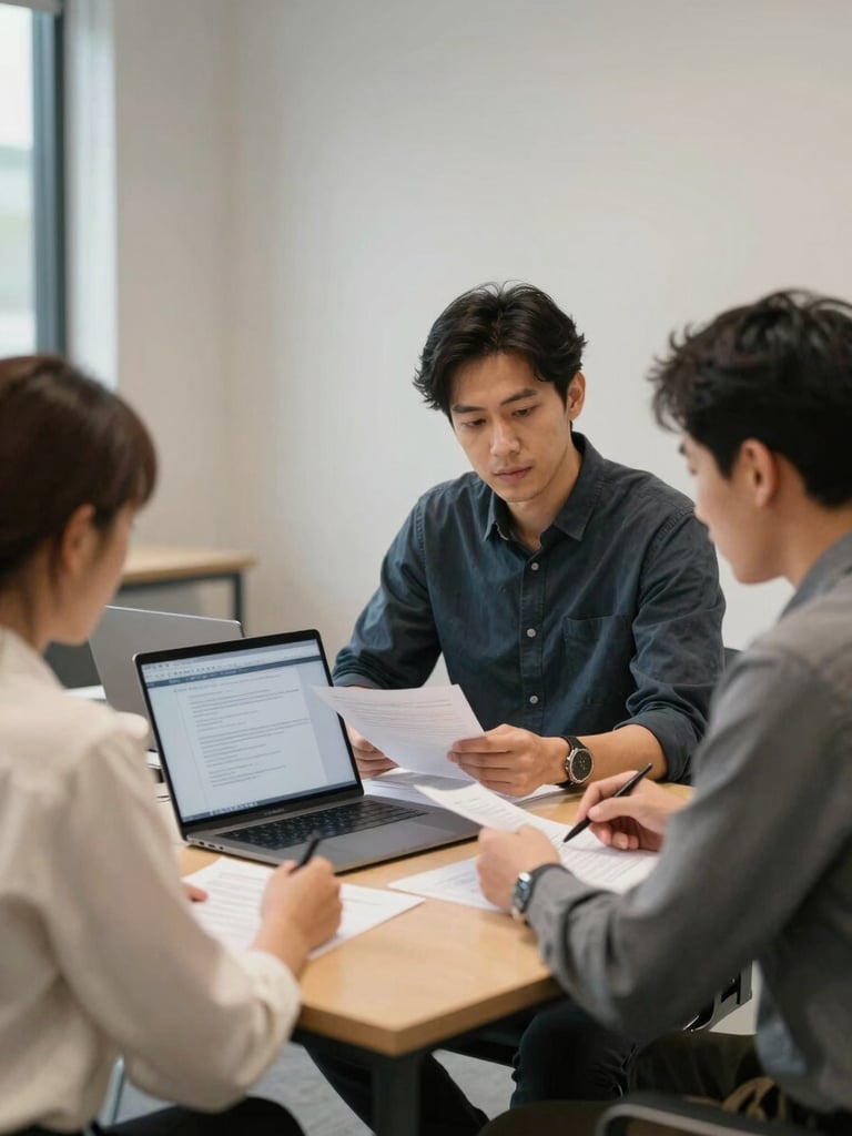 Medium shot of two professionals at a conference table reviewing documents on a laptop screen under accurate office daylight, structured meeting environment, neutral walls, no casual clothing
