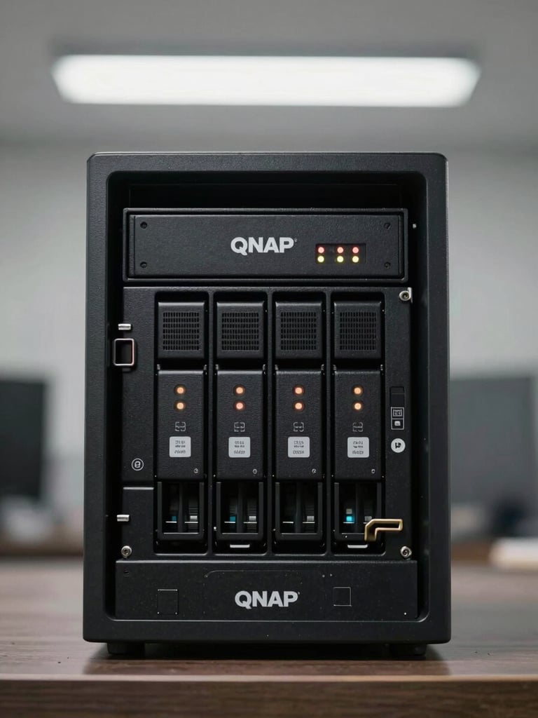 Close-up of a QNAP NAS unit front panel with drive bays and status LEDs under neutral office fluorescent light, hardware labels clearly visible, shot straight-on at eye level against a clean gray background