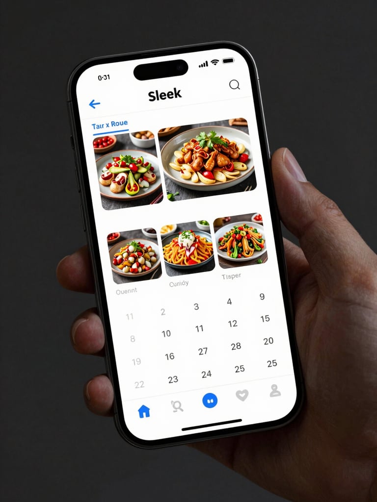 Sleek modern smartphone displaying a social media content calendar with vibrant food photography, clean UI mockup, dark background.