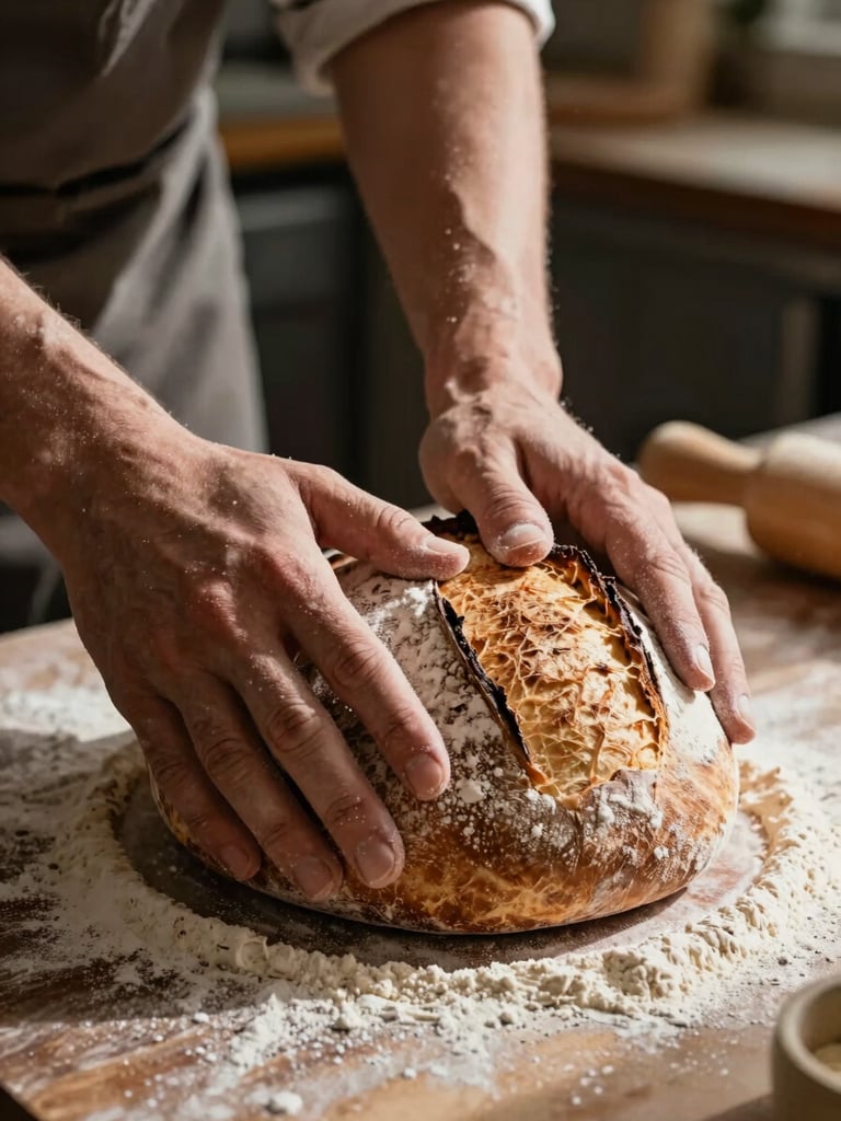 Hands of an artisan baker scoring a fresh sourdough loaf in a sunlit rustic kitchen, dramatic side lighting, high contrast, macro focus on flour dust.