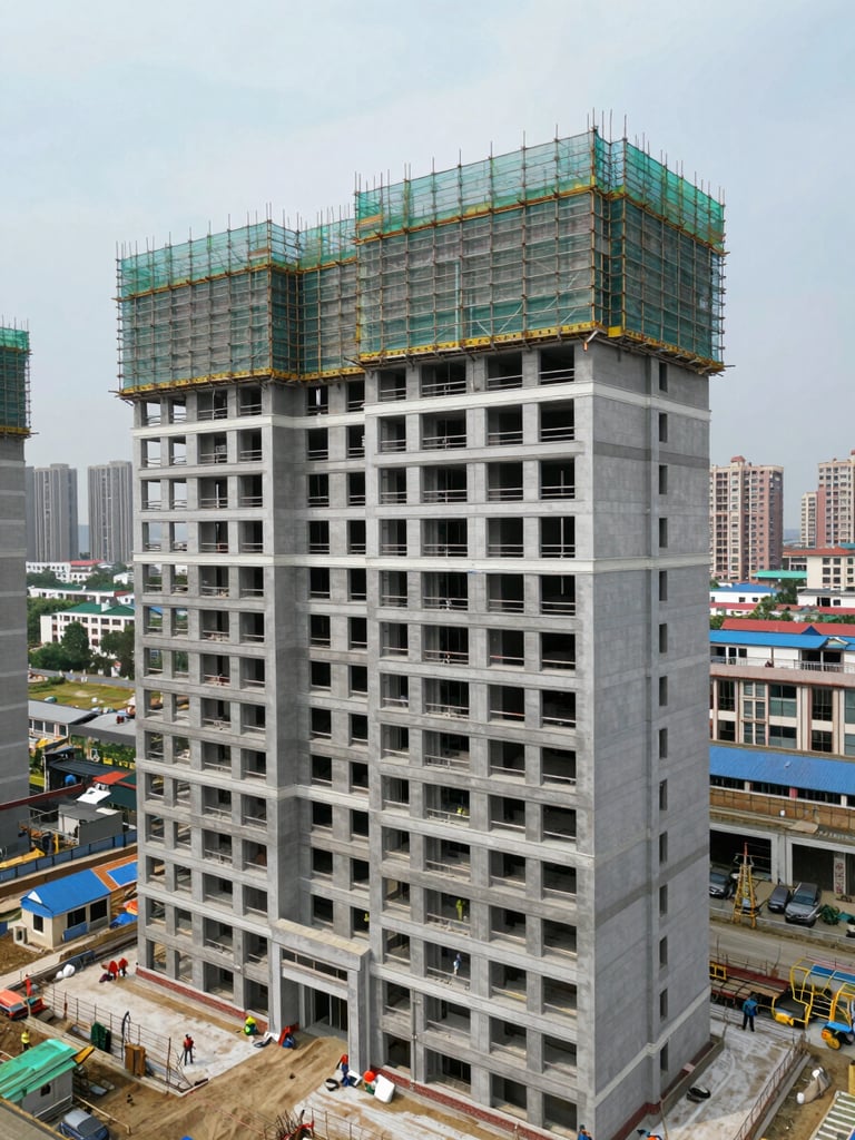 Wide environmental exterior shot of a mid-rise residential building under active construction, scaffolding visible on the upper floors, workers on site, overcast natural daylight, surrounding neighbourhood context in the background, full-frame no cropping