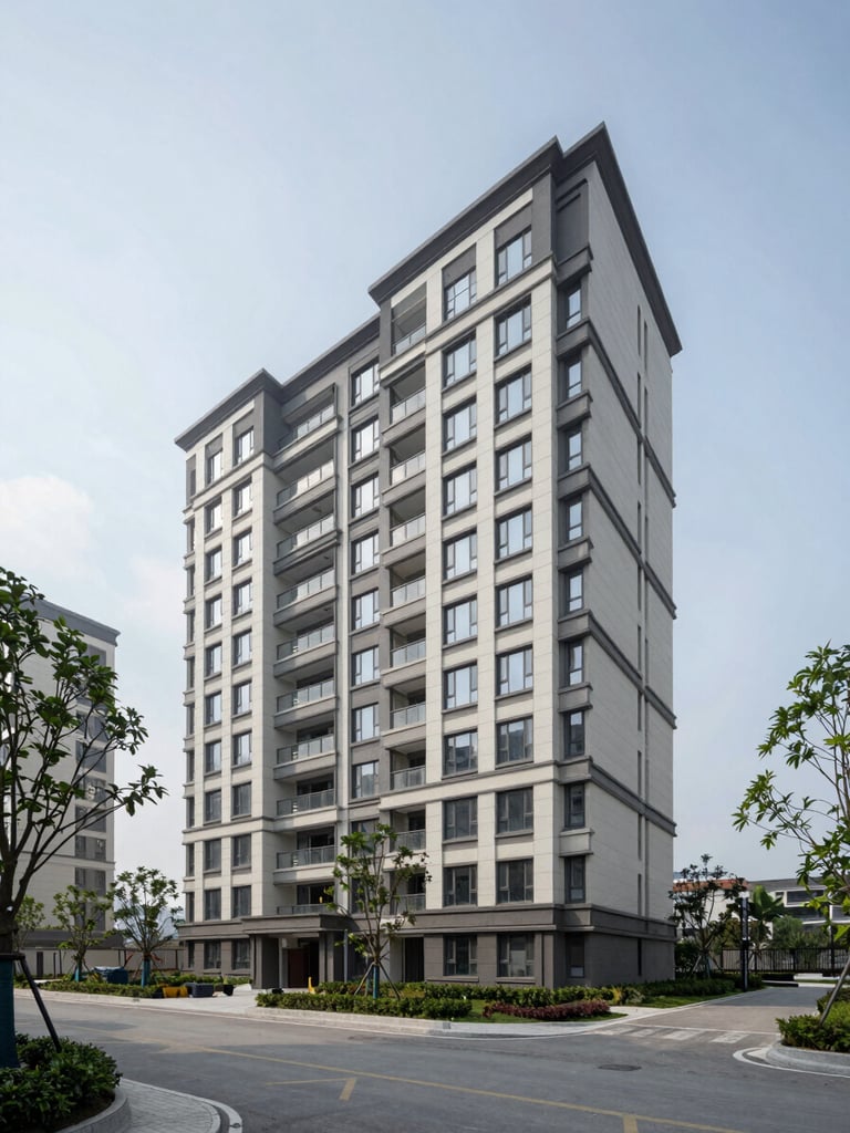 Wide exterior shot of a completed mid-rise residential building on an overcast day, full-frame showing surrounding street context and clear sky above, natural daylight, no shadows, building facade centred with pavement and trees in foreground
