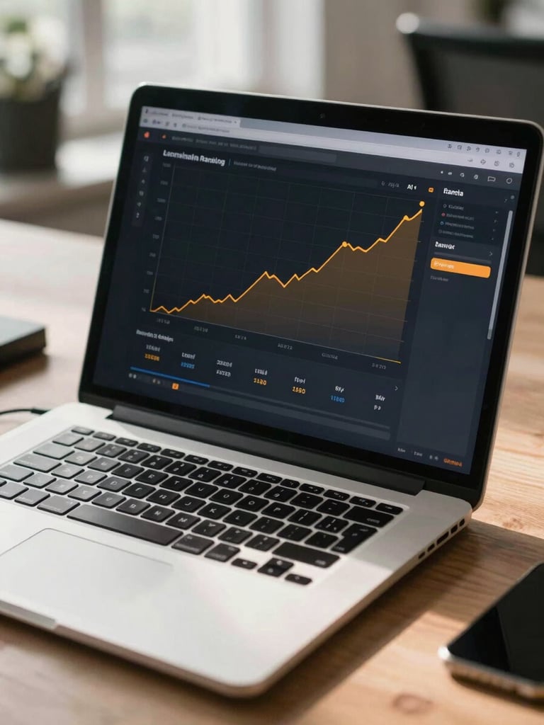Wide environmental shot of a laptop screen on a service counter showing a local keyword ranking dashboard, amber chart lines rising, natural morning window light falling across the keyboard, shallow depth of field
