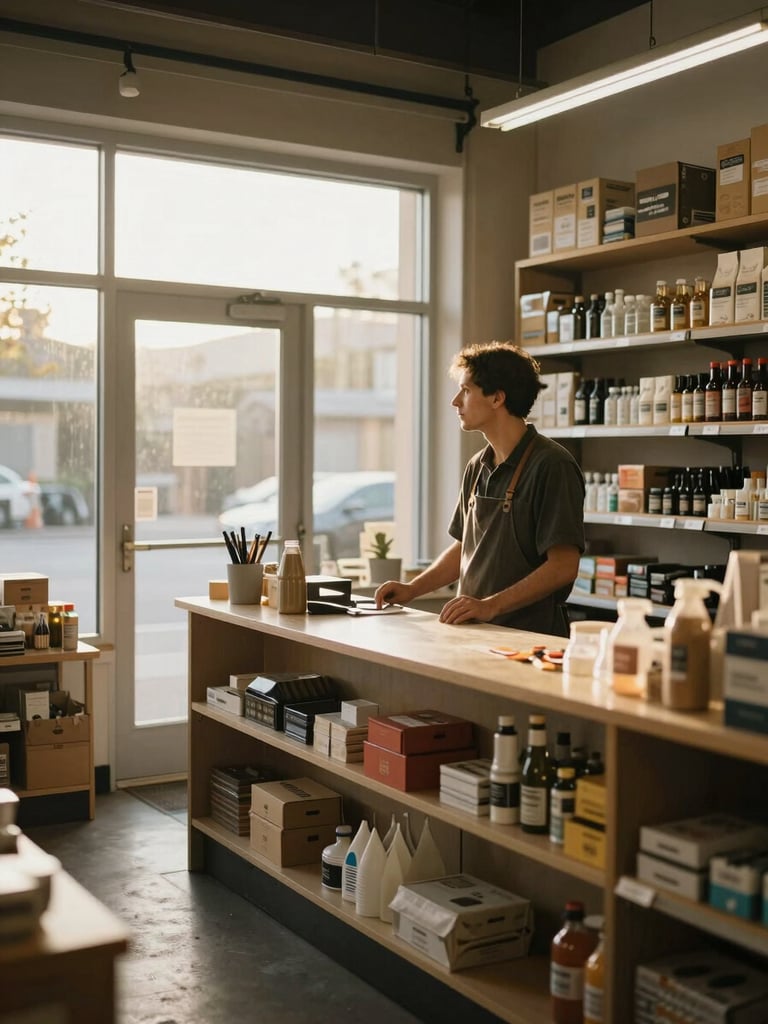Wide environmental shot of a small business owner behind a service counter in a hardware shop, morning golden light streaming through a front window to the left, owner glancing toward the door, shelves of goods visible behind, no posed look — candid and real