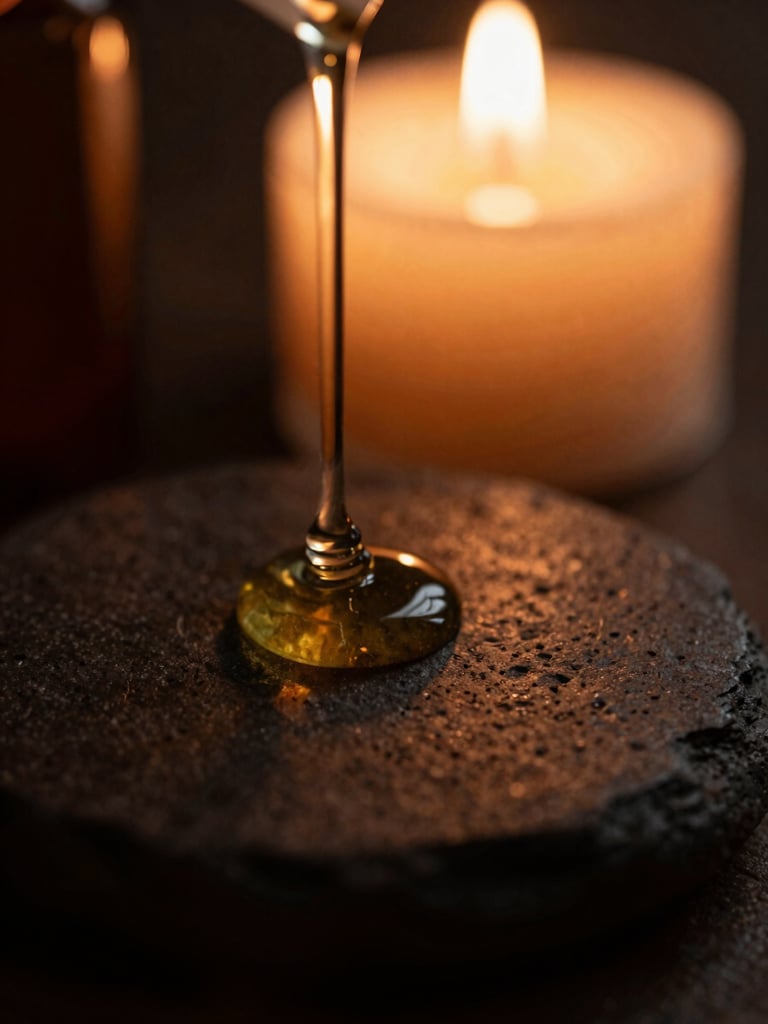 Macro close-up of warm botanical oil trickling onto dark basalt stones, soft candlelight, deep shadows, rich bronze tones, shallow depth of field, 35mm