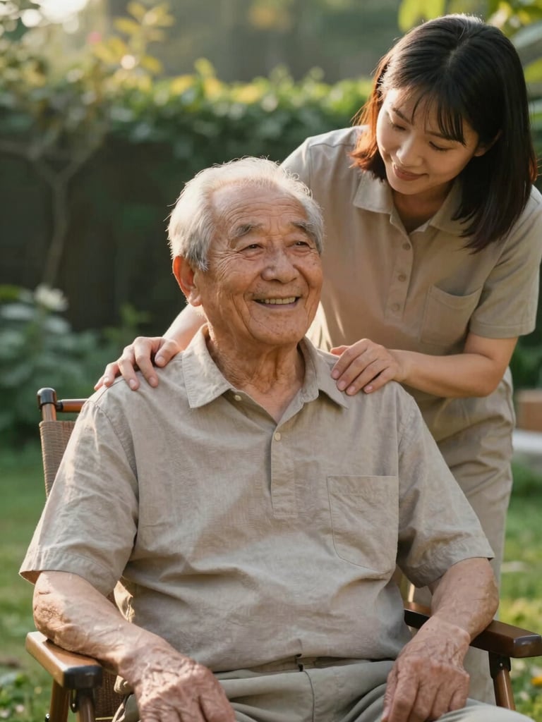 A medium portrait of a smiling elderly man sitting in a garden chair, a caregiver gently placing a hand on his shoulder, warm golden hour light, lush green background, authentic and emotional