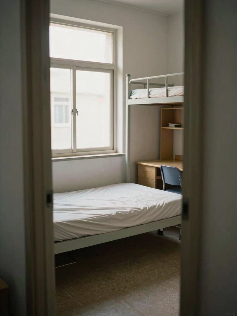 Interior of a dormitory room photographed from the doorway in natural window daylight — single bed with plain mattress, small desk and chair, storage shelf along the wall, linoleum floor visible, no occupants, no decorative items, honest condition