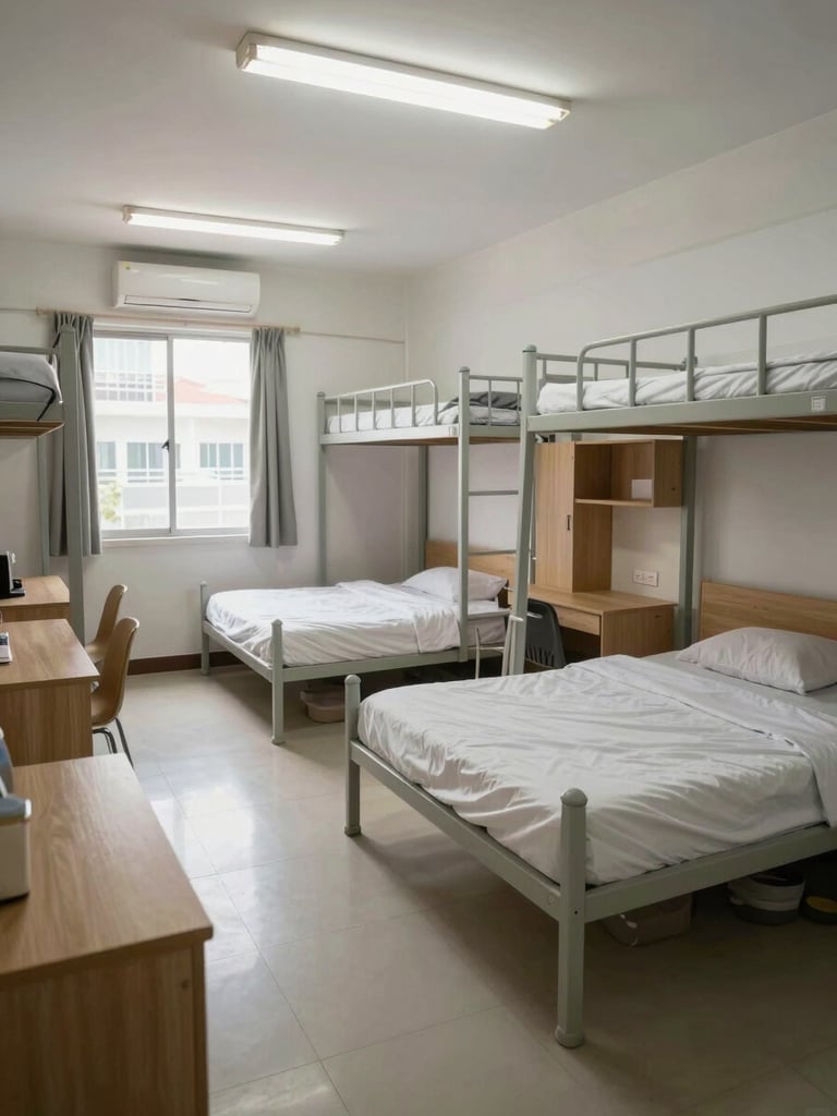 Wide environmental shot of a dormitory room interior in Singapore, beds and desk visible, practical overhead fluorescent lighting, natural daylight from a side window, no occupants, honest condition showing actual room scale and fixtures
