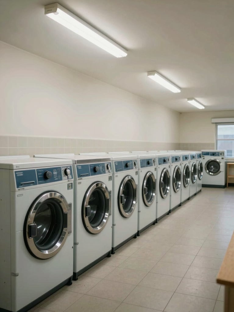 Wide shot of a dormitory laundry room with rows of washing machines along the wall, overhead fluorescent lighting, tiled floor, no people, practical institutional condition