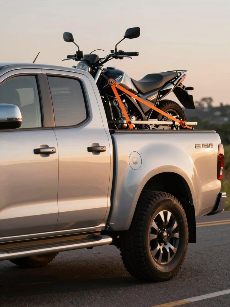 Close-up side profile of a branded double-cab pickup truck with a motorcycle strapped to the bed, professional orange ratchet tie-downs visible, truck parked on an Ibagué roadside at dusk, strong directional sunlight casting working shadows on the vehicle