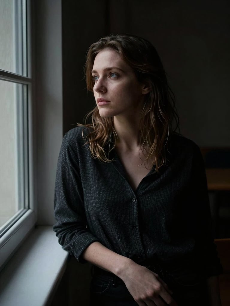 High-contrast, low-key portrait of Anna Sovák in a dimly lit rehearsal room, side-lit by a window, looking thoughtfully off-camera, dramatic shadows.