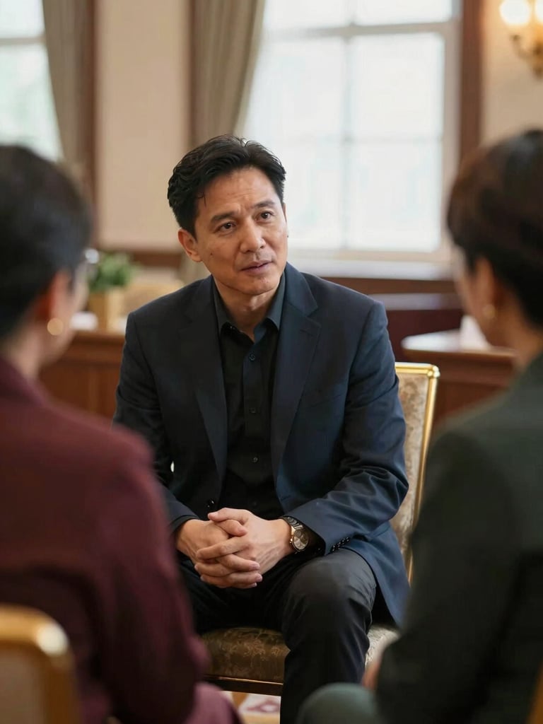 A ministry leader engaging in a heartfelt discussion with a small group, warm diffused indoor lighting, focus on connection, rich deep tones, soft background.