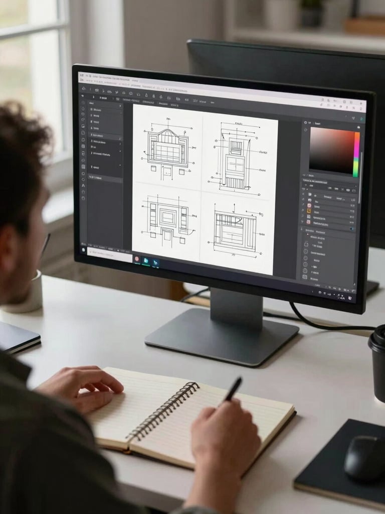 Wide over-the-shoulder shot of a designer working at a large monitor, bespoke interface wireframes visible on screen, uncluttered desk with a single notebook open, soft natural window light from the left