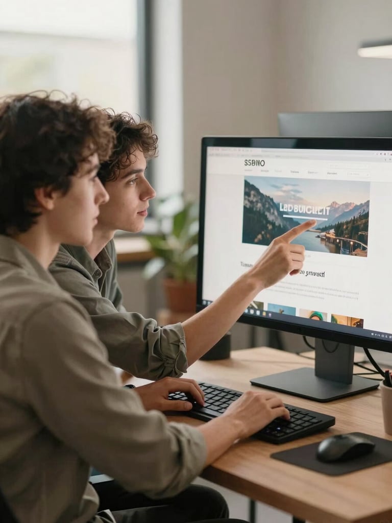 Two people seated side by side at a monitor reviewing a finished website together, one pointing at the screen, warm natural office light, relaxed collaborative atmosphere, no posed smiles