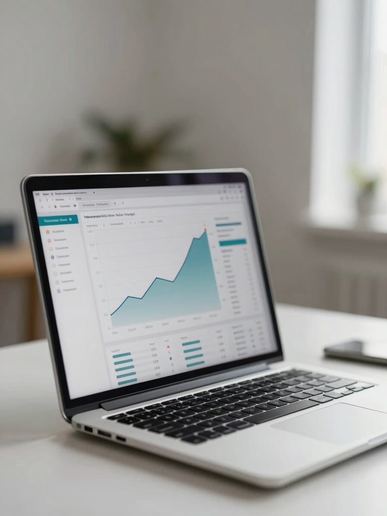 Close-up of a laptop screen showing a clean analytics dashboard with rising performance metrics, placed on a minimal white desk, soft diffused daylight from the right, shallow depth of field