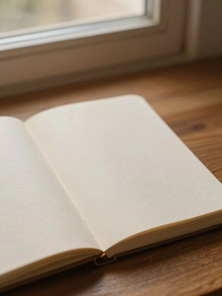A close-up of an open linen notebook on a wooden desk, textured paper, soft golden window light, warm editorial aesthetic