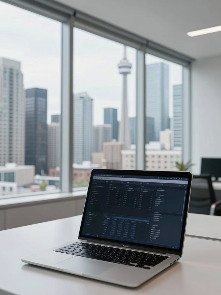 A modern Toronto office interior with large windows overlooking the downtown skyline, a clean digital dashboard displayed on a laptop screen in the foreground, bright natural daylight, cool-toned, sharp focus, 35mm