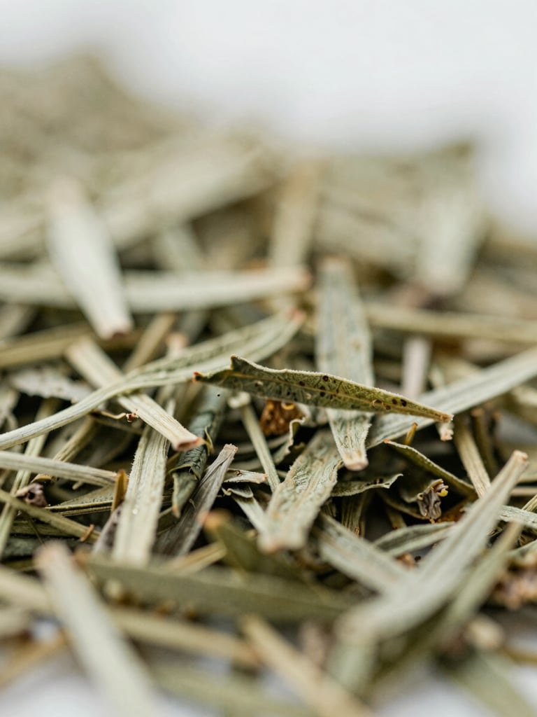 Macro shot of raw dried herbal chamomile leaves, soft diffused overcast morning light, shallow depth of field, 35mm