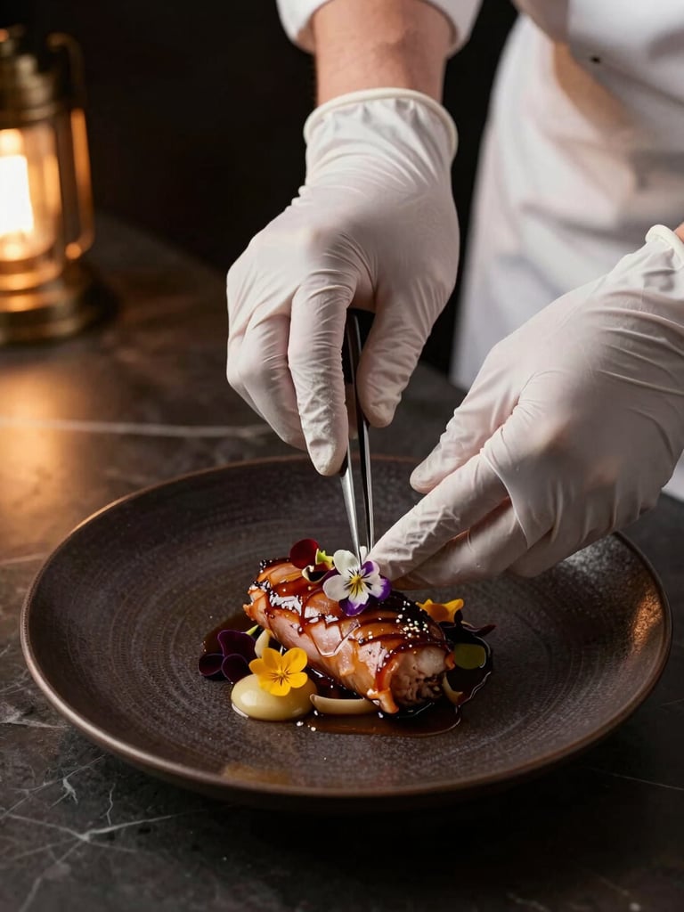 Overhead close-up of hands in white chef's gloves garnishing a dark ceramic plate with tweezers, placing a single edible flower on a sauced entrée, warm amber studio light from the left, dark marble surface visible at the edges, no other people in frame