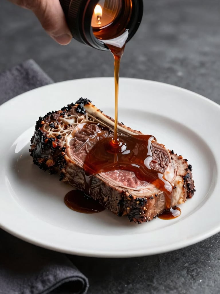 Side-angle close-up of a plated dry-aged prime rib slice on a white bone china plate, bone marrow jus poured mid-frame by a gloved hand, amber candlelight reflecting off the sauce, dark linen napkin at edge, charcoal table surface