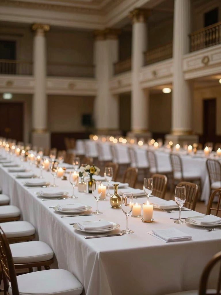 Close-up wide shot of an empty grand ballroom set for a gala — long tables dressed in white linen, champagne flutes catching amber candlelight, architectural columns receding into darkness, no guests, no staff, room breathing before the event begins