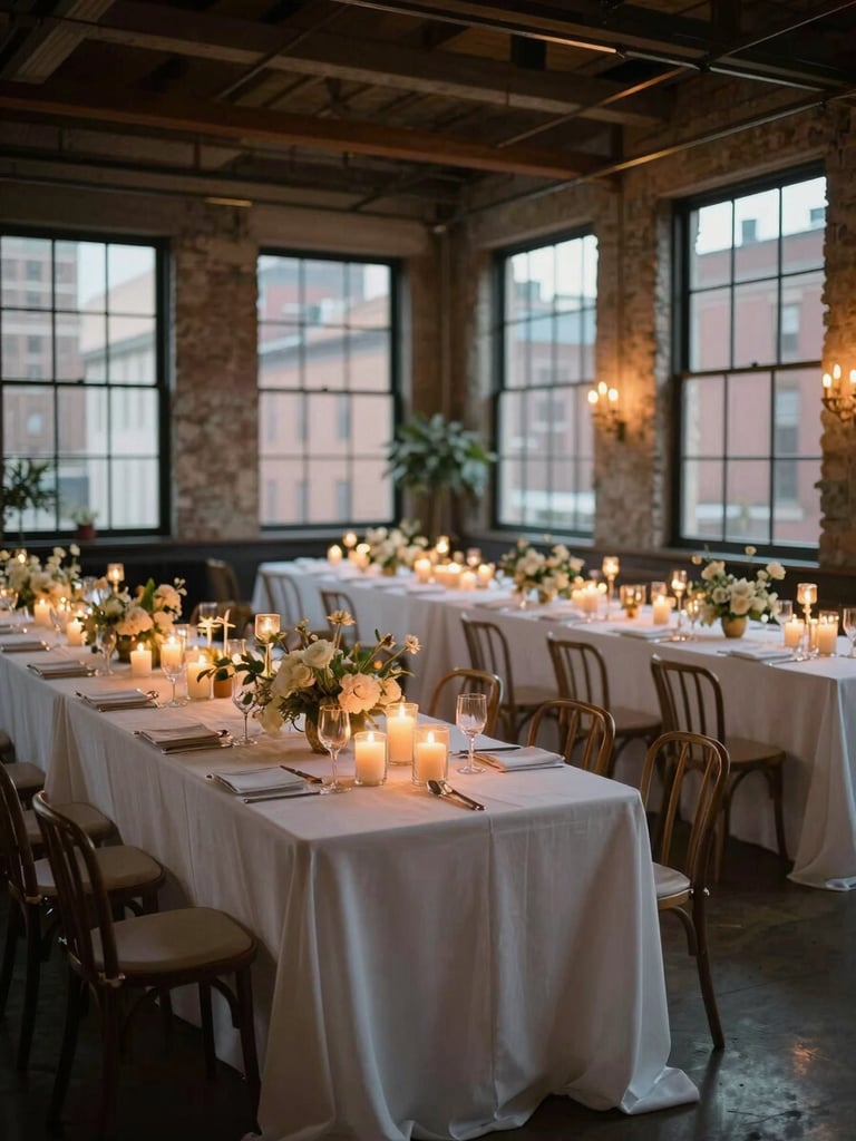 Wide shot of a candlelit event room set but empty — white-linen tables, tall floral centerpieces, glassware catching amber window light, high ceilings, New York loft architecture in background