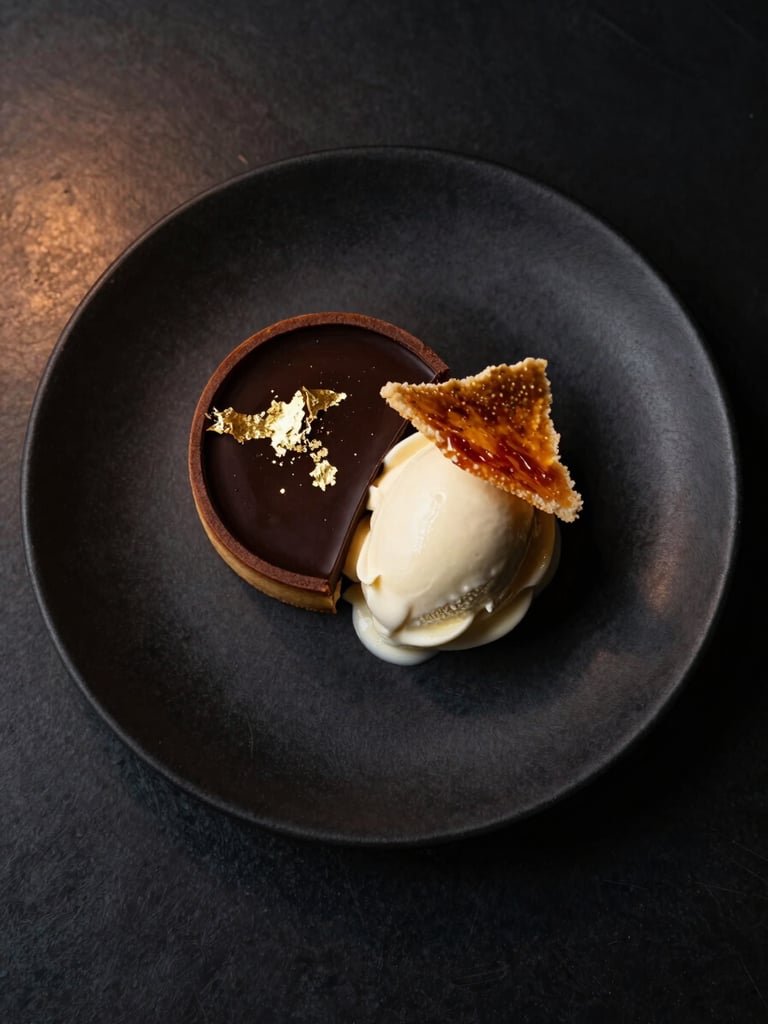 Overhead of a composed dessert plate on matte black ceramic — dark chocolate tart with gold leaf, quenelle of crème fraîche ice cream, caramelised tuile shard — studio strobe balanced with warm ambient light, deep shadow surrounds, cream and gold tones