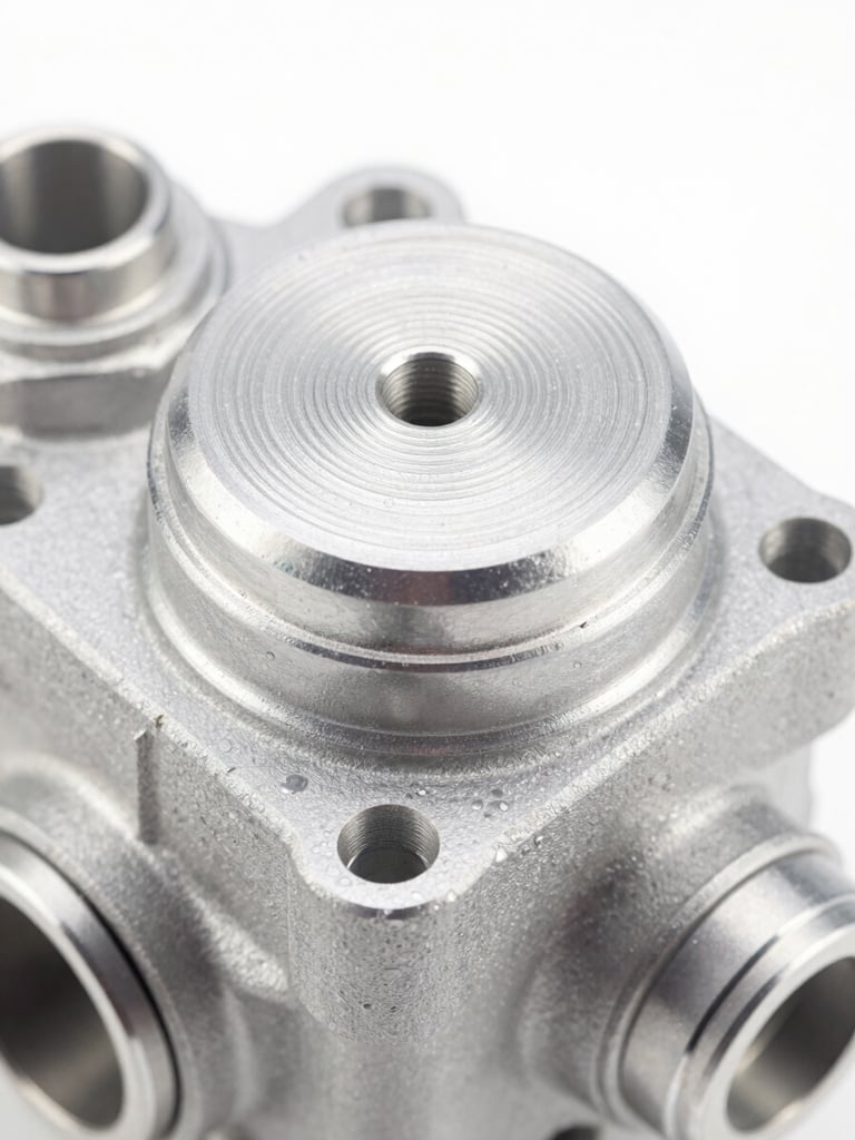 Close-up macro shot of a machined aluminum AC compressor cover cap, bright high-key studio lighting, crisp metallic details, 50mm lens.