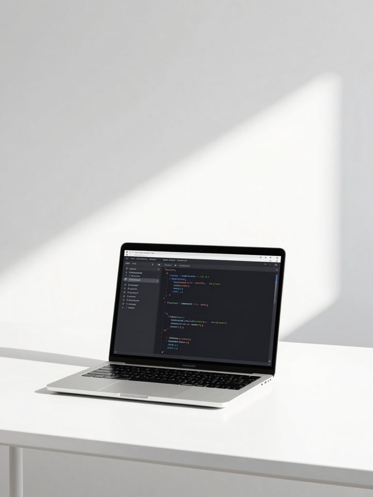 Minimalist workspace setup with a clean laptop displaying code editor, bright natural daylight, soft shadows, professional aesthetic