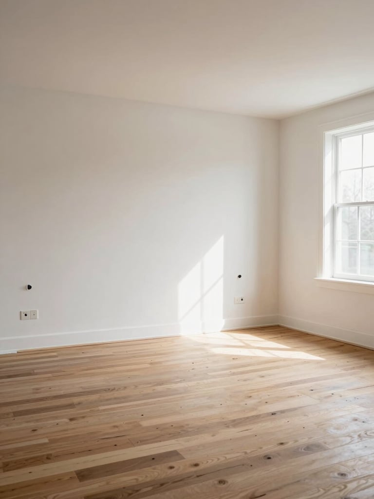 Wide interior shot of a freshly rebuilt living room post-restoration — new drywall painted neutral white, hardwood flooring just installed, natural window light flooding in from the right, no furniture staged, work lights still visible in corner, documentary framing showing the space in its finished but raw-handoff state