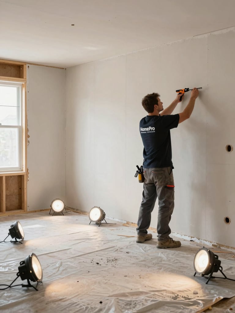 Wide environmental shot of a HomePro crew member in branded work gear installing new drywall panels in a water-damaged room — industrial work lights set on the floor, bare stud framing visible on one wall, floor covered in protective sheeting, natural daylight from a window mixing with the work lights, action framing with tools in hand