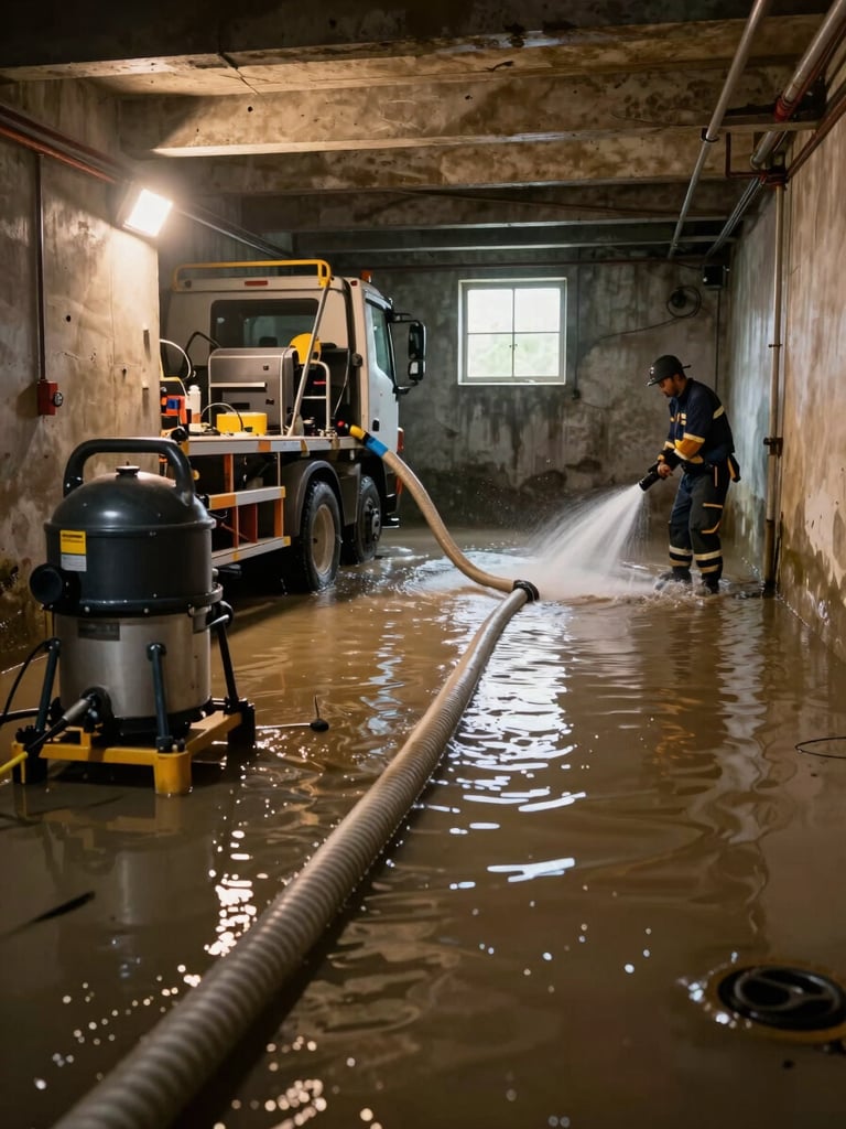 Wide environmental shot inside a flooded basement, truck-mounted water extraction hose running along wet floor, industrial extraction unit visible at left, work lights casting warm tungsten glow on standing water, crew member in branded gear guiding hose toward drain, natural daylight filtering through small basement window in background
