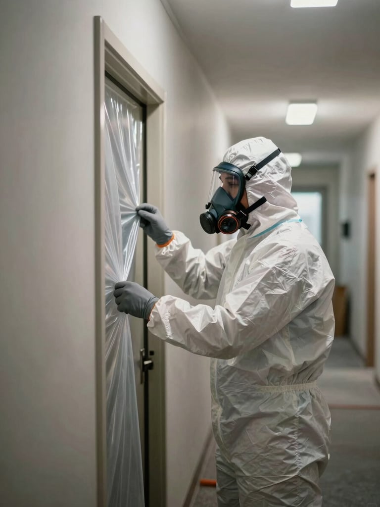 Close environmental shot looking along a hallway where a crew member in Tyvek suit and respirator secures plastic containment sheeting to a doorframe, work lights casting sharp shadows on the wall, job-site conditions evident in framing