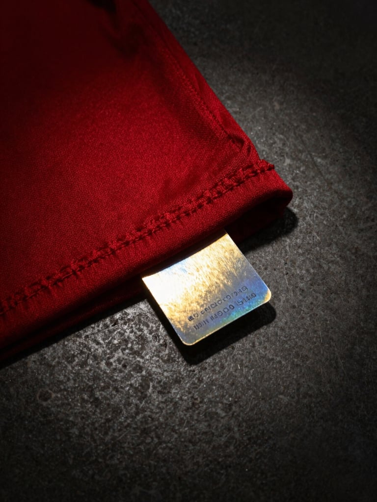 Macro close-up of a vintage holographic authenticity tag on a jersey hem, reflecting gold light, dark concrete background, moody shadows
