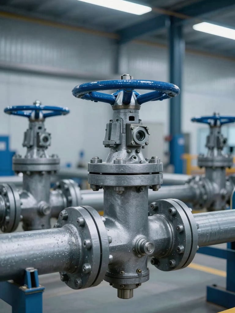 Close-up of industrial steel mechanical valves and piping inside a modern warehouse, cool crisp daylight, sharp technical detail, 35mm