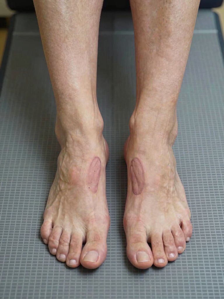 Close-up clinical photograph of a patient's bare feet on a postural assessment grid floor mat, overhead north-light studio framing, pressure contact zones visible, anatomically precise composition, no patient face or identity visible