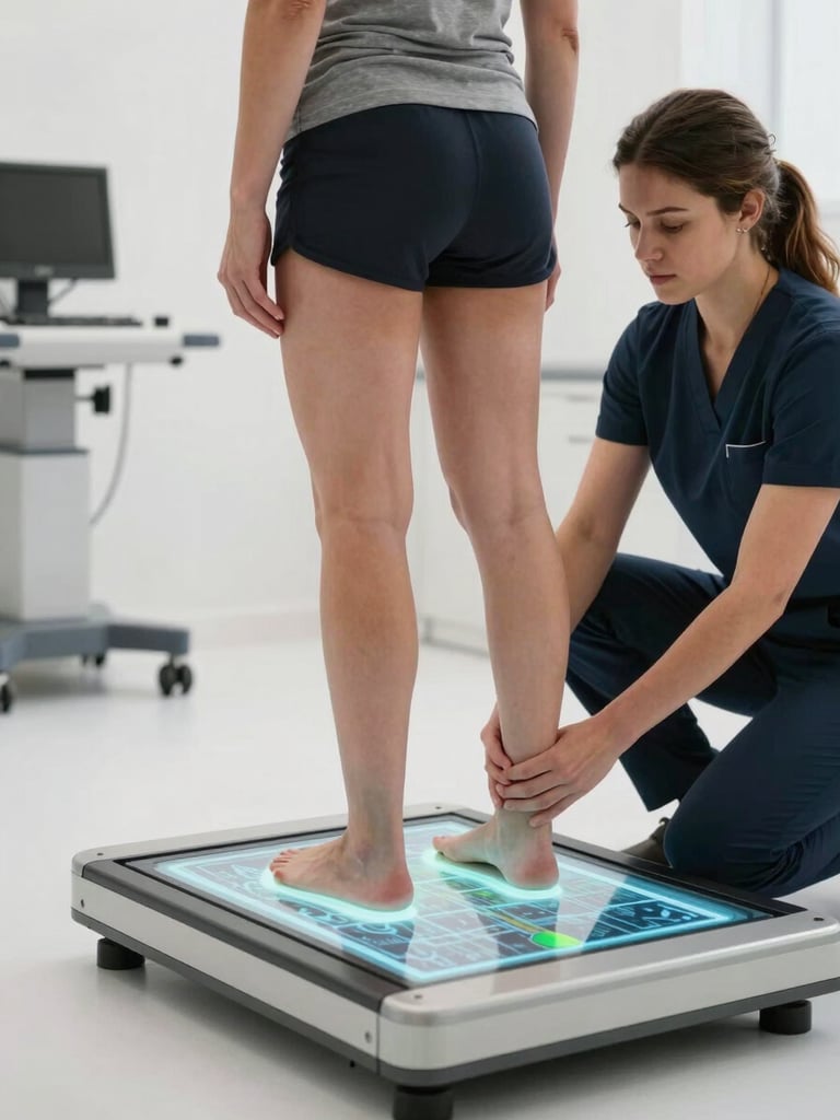 Wide clinical studio frame: Cecilia Borges performing a hands-on gait and foot assessment on a patient standing on a baropodometry platform, viewed from a three-quarter angle — her hands positioned at the patient's hips, analyzing alignment. North-facing daylight, clean shadowless studio environment, anatomically precise framing. The baropodometry platform glows faintly with a pressure-distribution map beneath the patient's feet. Clinical equipment visible in the background. No smiling, no distress — focused, technical.
