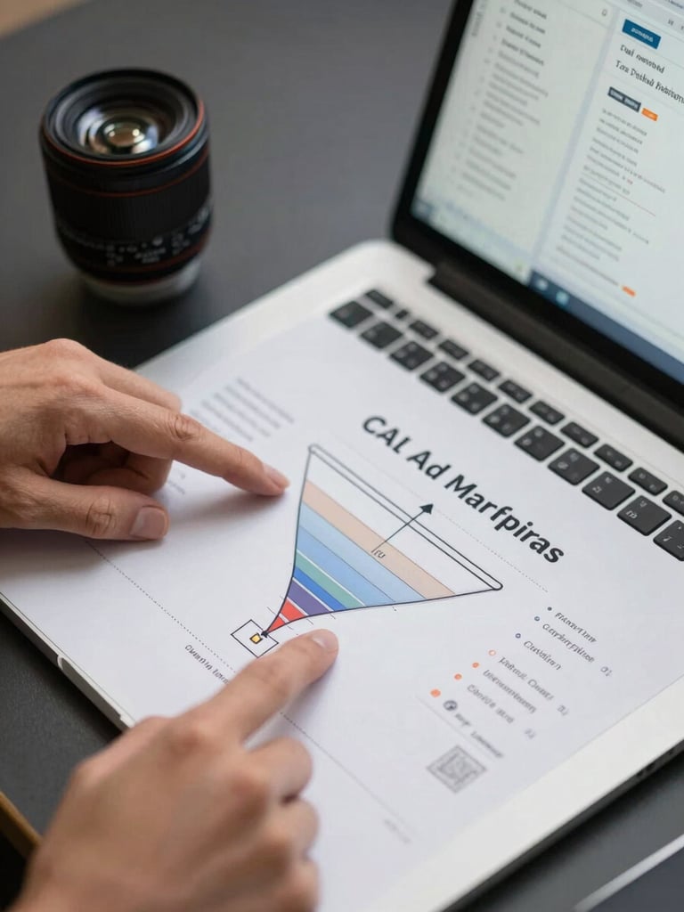 Close-up overhead shot of hands pointing at a campaign structure diagram printed on paper beside a laptop screen displaying an AI ad generation interface with copy variants and performance scores, clean studio strobe lighting, dark desk surface, sharp focus on the annotated funnel chart