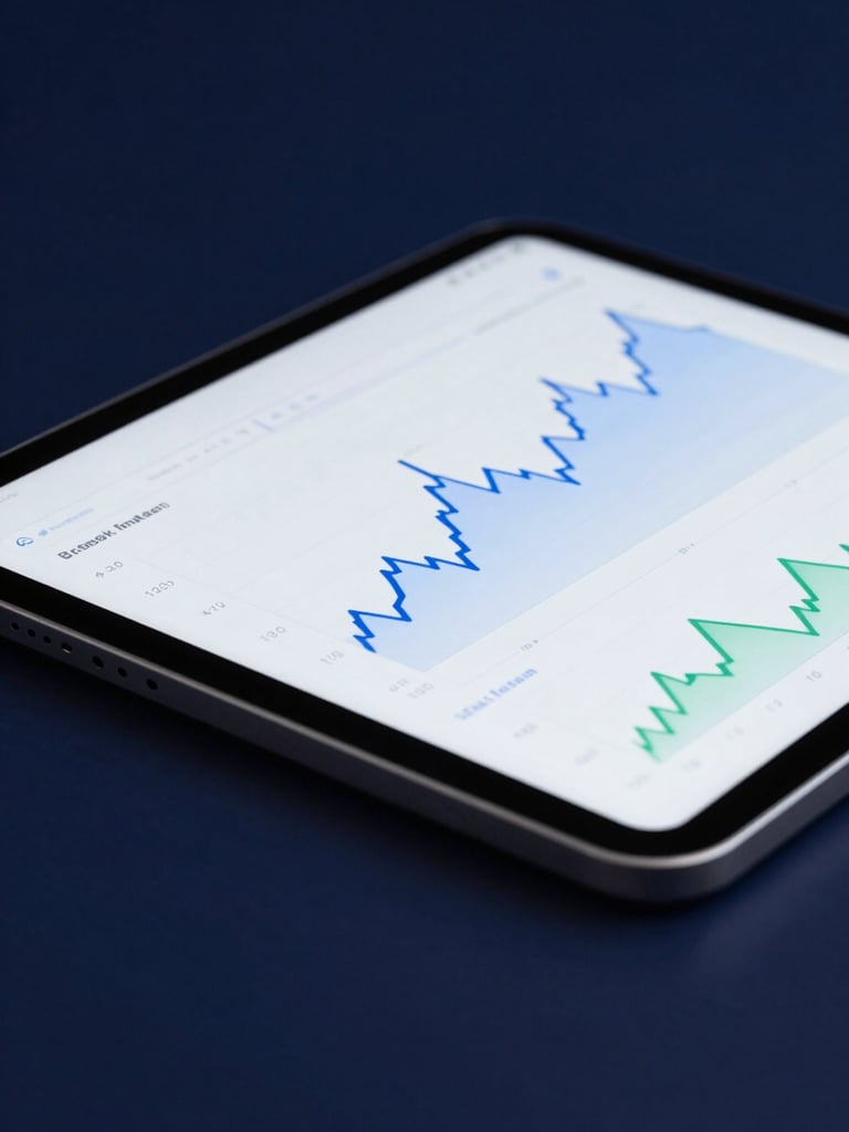 Sleek fintech close-up of a tablet showing clean financial charts, cool ambient studio lighting, deep midnight blue tones, sharp focus