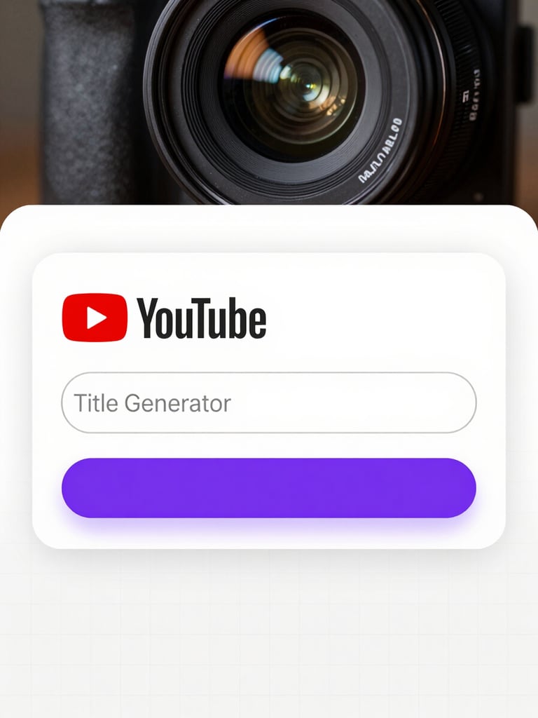 Flat high-contrast vector illustration of a clean user interface showing a YouTube title generator input field and an electric violet copy button on a light grid background.